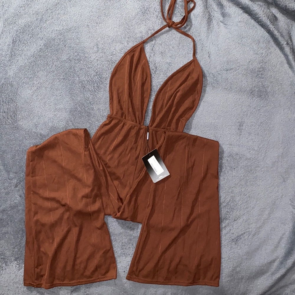 Pretty Little Thing Chocolate Bandage Plunge Flared Leg Jumpsuit